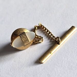 Vintage tie pin oval moonglow white gold tone bar and chain tac tack